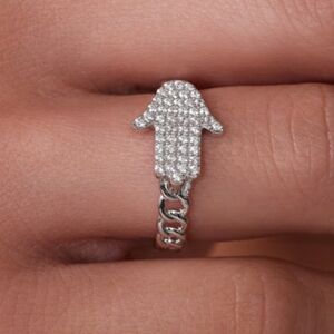 Sterling Silver 925 Rhodium Plated Hamsa 10.6mm x 13.4mm Clear CZ Ring